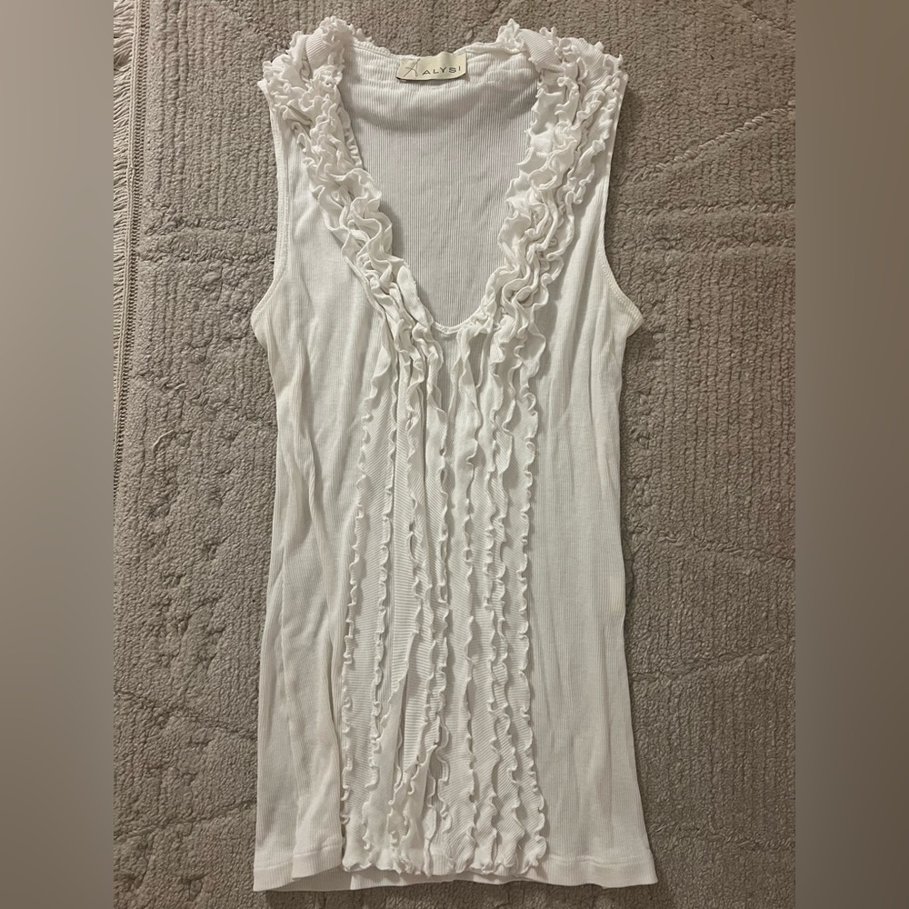 Alysi White Y2K 2000s Women’s Ruffle Tank Top size 10 flirty preppy girly work